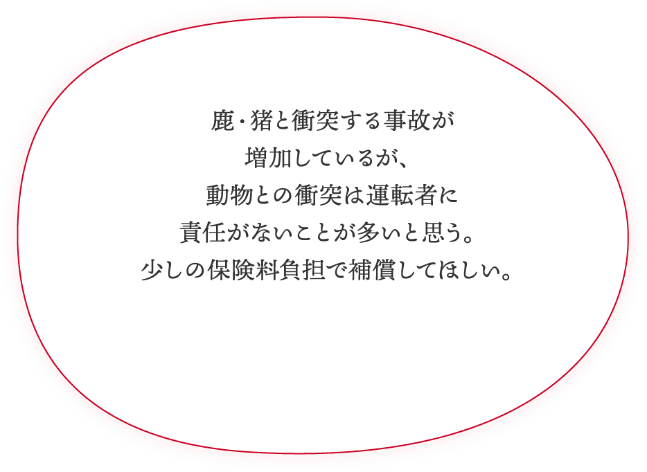 鹿・猪と衝突する事故が増加しているが、動物との衝突は運転者に責任がないことが多いと思う。少しの保険料負担で補償してほしい。