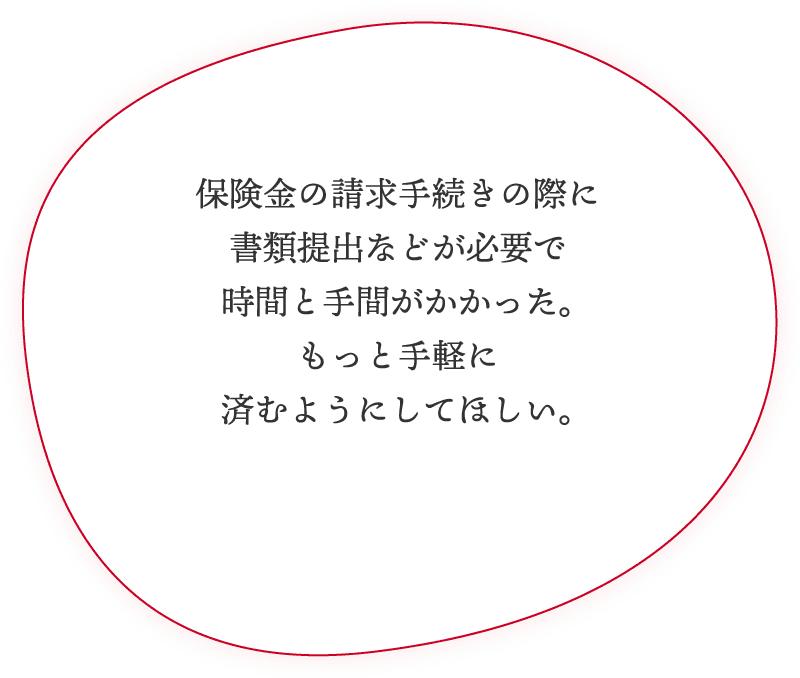 保険金の請求手続きの際に書類提出などが必要で時間と手間がかかった。もっと手軽に済むようにしてほしい。