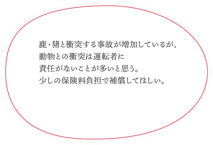 鹿・猪と衝突する事故が増加しているが、動物との衝突は運転者に責任がないことが多いと思う。少しの保険料負担で補償してほしい。