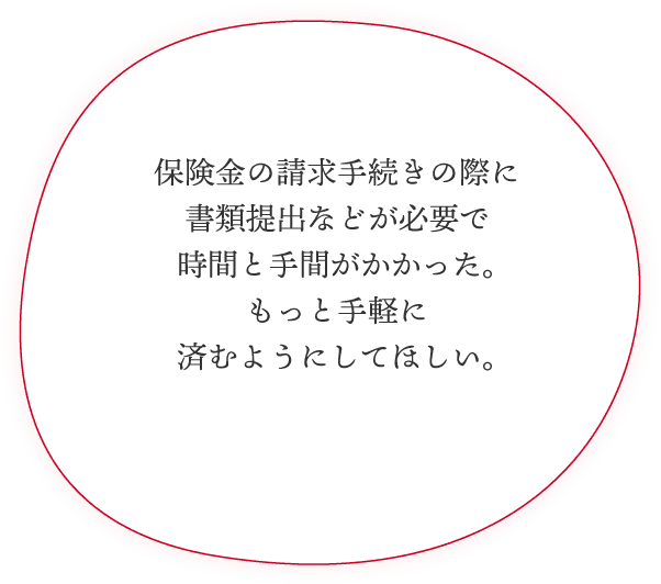 保険金の請求手続きの際に書類提出などが必要で時間と手間がかかった。もっと手軽に済むようにしてほしい。