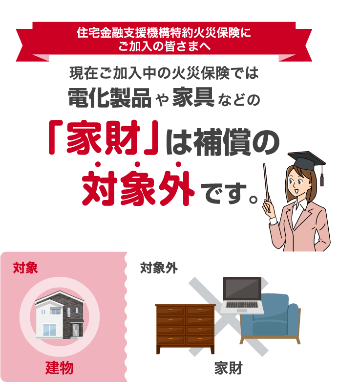 住宅金融支援機構特約火災保険にご加入の皆さまへ　現在ご加入中の火災保険では電化製品や家具などの「家財」は補償の対象外です。　対象　建物　対象外　家財