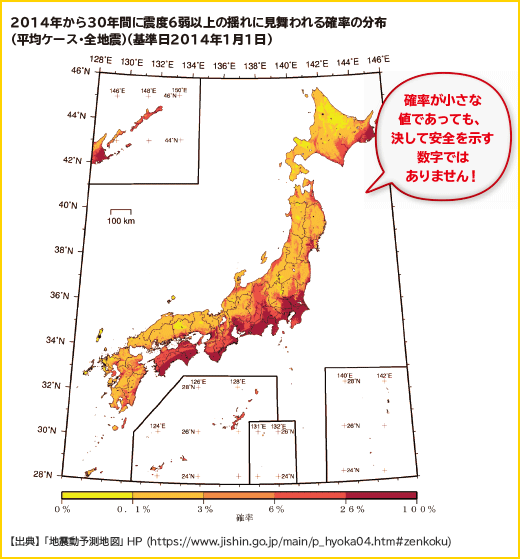 2014年から30年間に震度6弱以上の揺れに見舞われる確率の分布