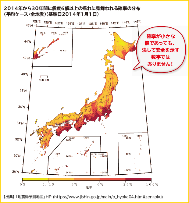 2014年から30年間に震度6弱以上の揺れに見舞われる確率の分布